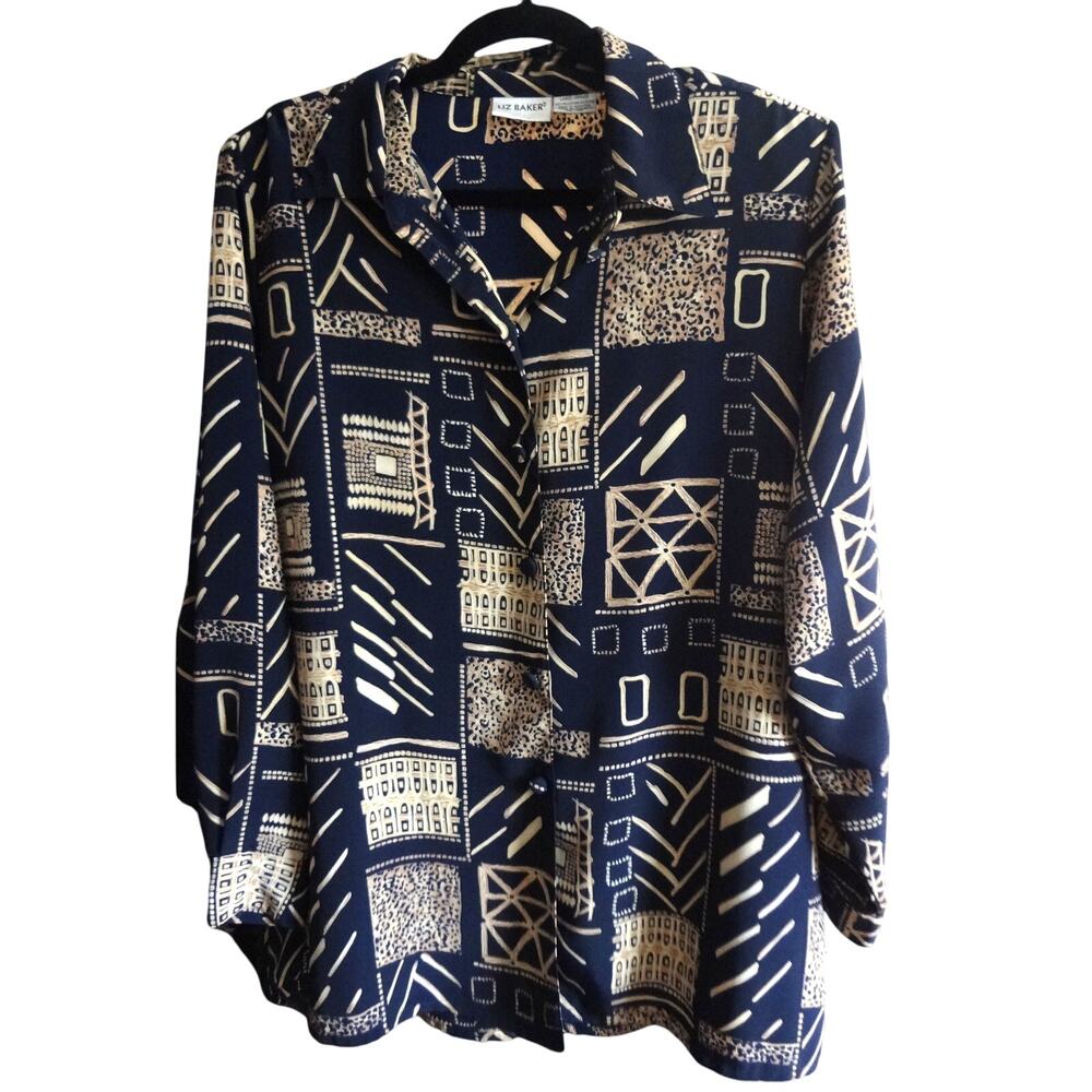 Vintage 80s 90s Liz Baker Button Down Blouse Blue Geometric Large Tunic Retro